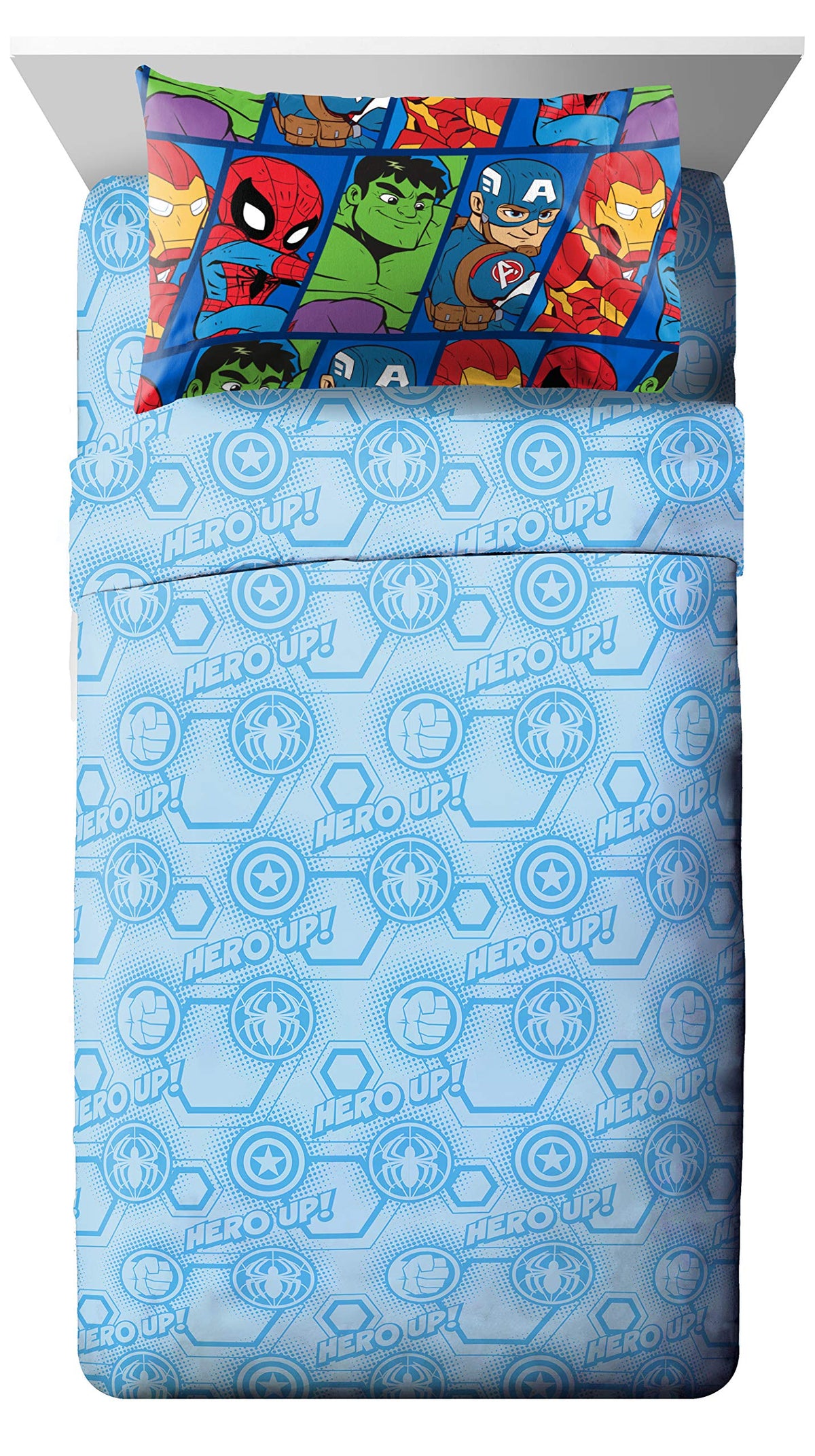 Jay Franco Marvel Hero twin bed in a kids' room illustrates easy setup and fun styling.