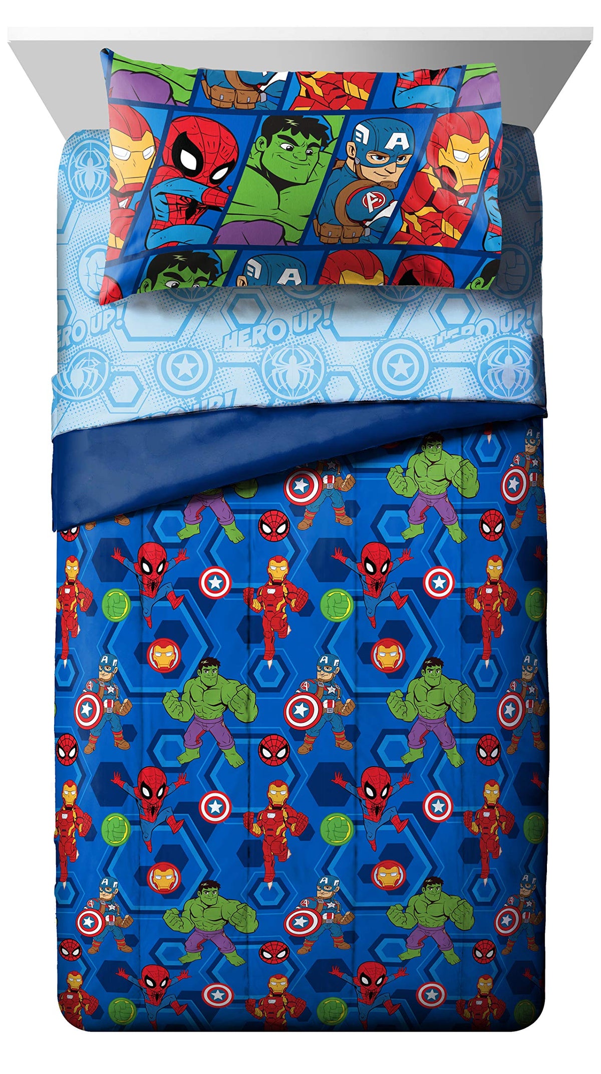 Jay Franco Marvel Hero twin sheets close-up highlighting fade-resistant weave for long-lasting color.