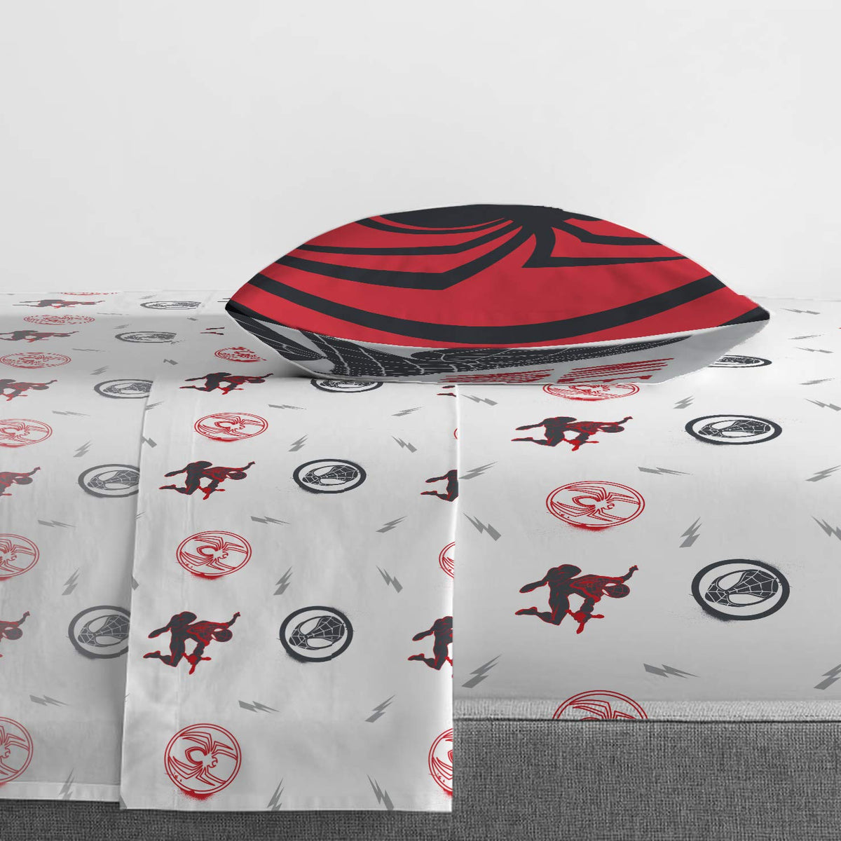Jay Franco Marvel Miles Morales bed setup in a kid's room.