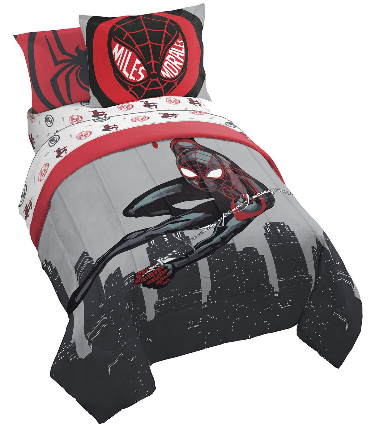Jay Franco Marvel Miles Morales comforter close-up shows soft microfiber for cozy nights.