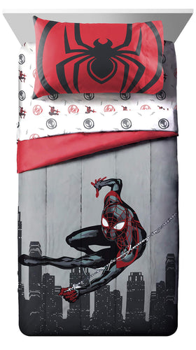 Jay Franco Marvel Miles Morales flat and fitted sheets displayed for twin bed.