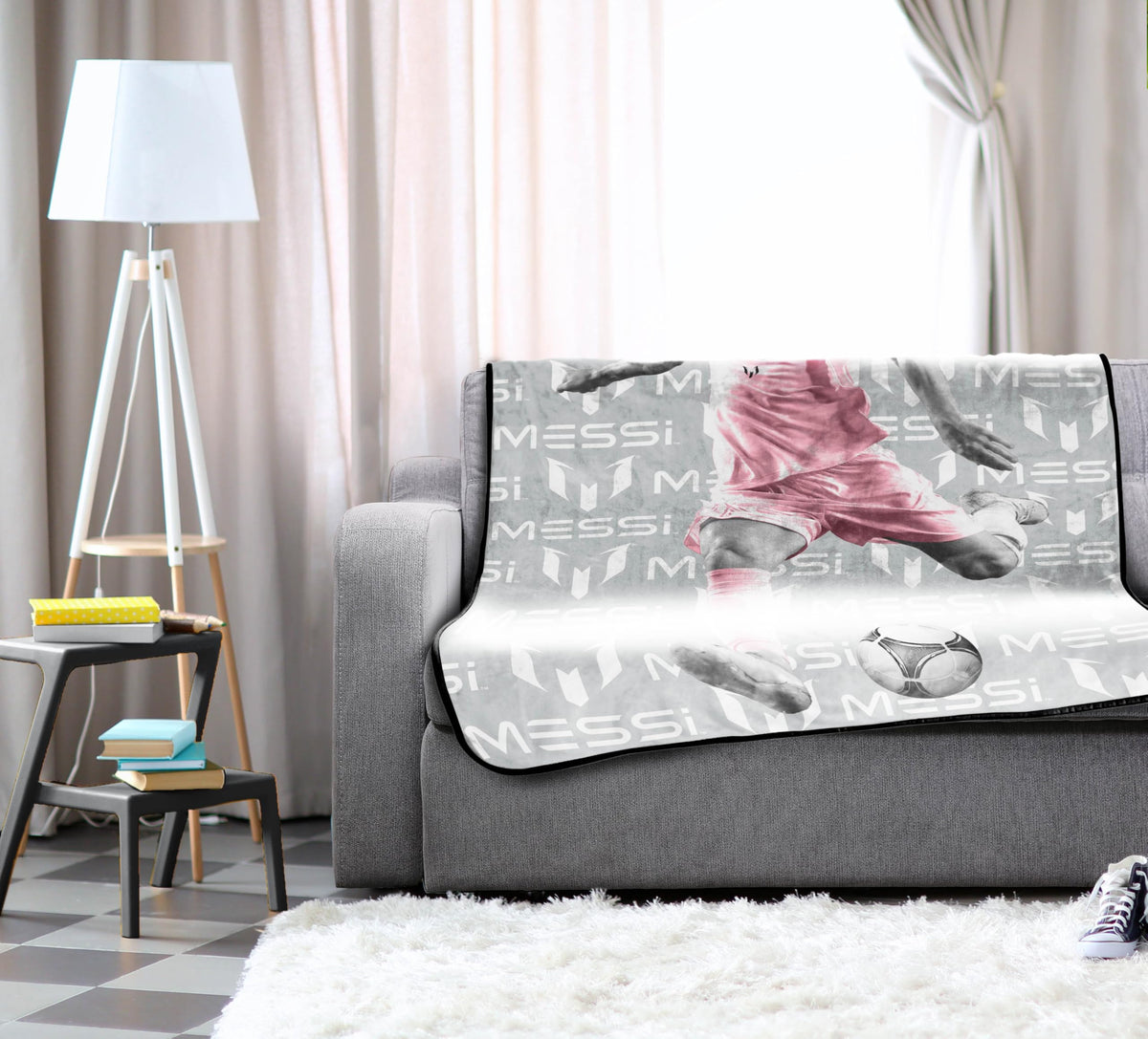 Jay Franco Messi plush throw gray action shot highlights dynamic design.