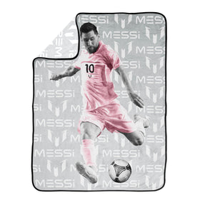 Jay Franco Messi plush throw gray couch use for lounging and games.