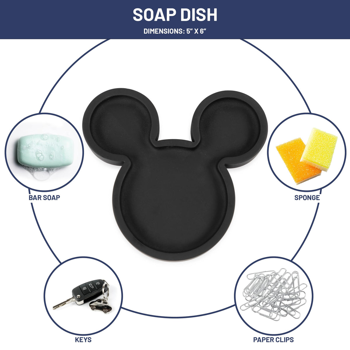 Countertop display of Jay Franco Mickey Mouse bathroom set with bold colors