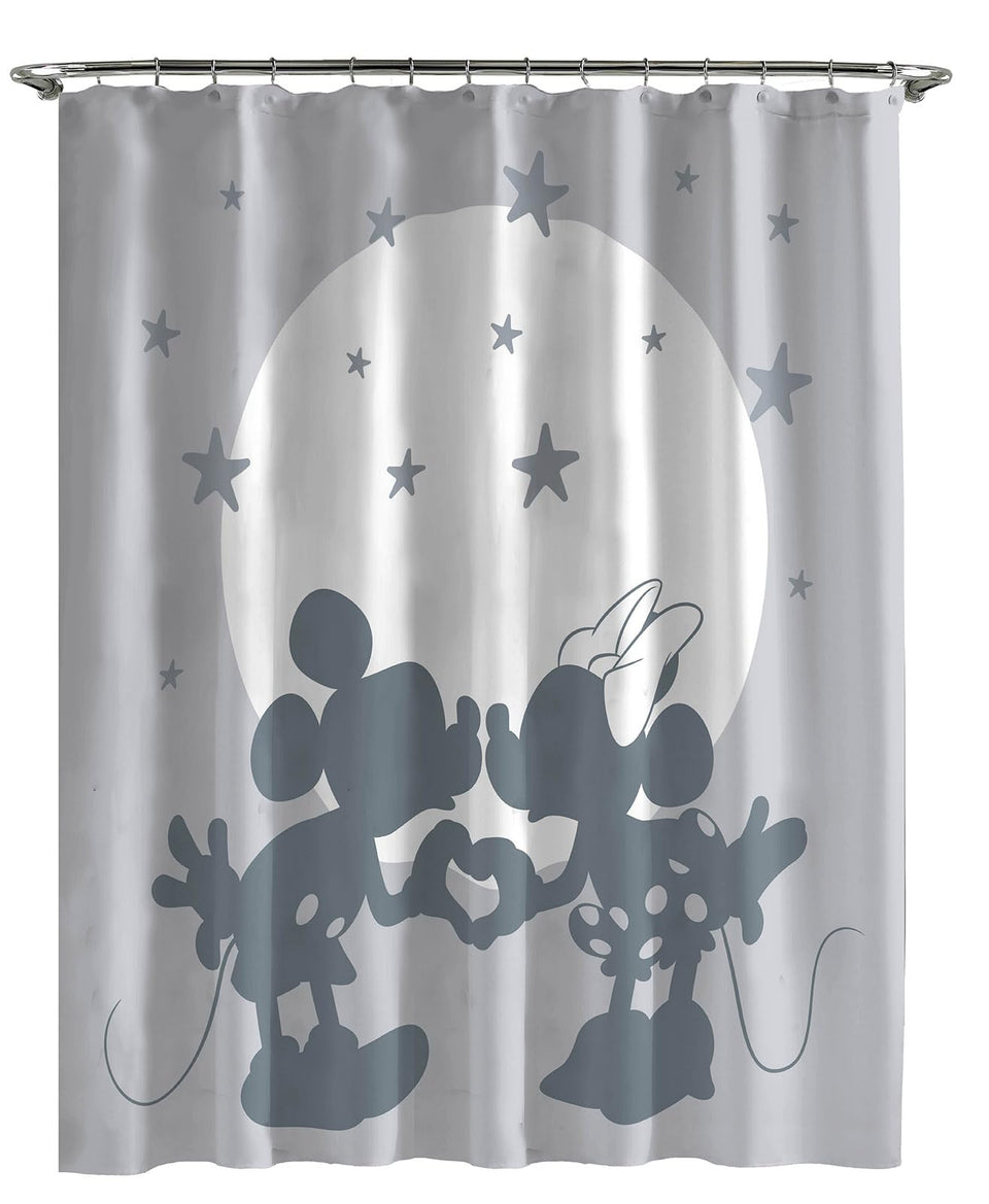 Jay Franco Mickey Mouse shower curtain closeup shows fade-resistant fabric for bright bathroom decor.