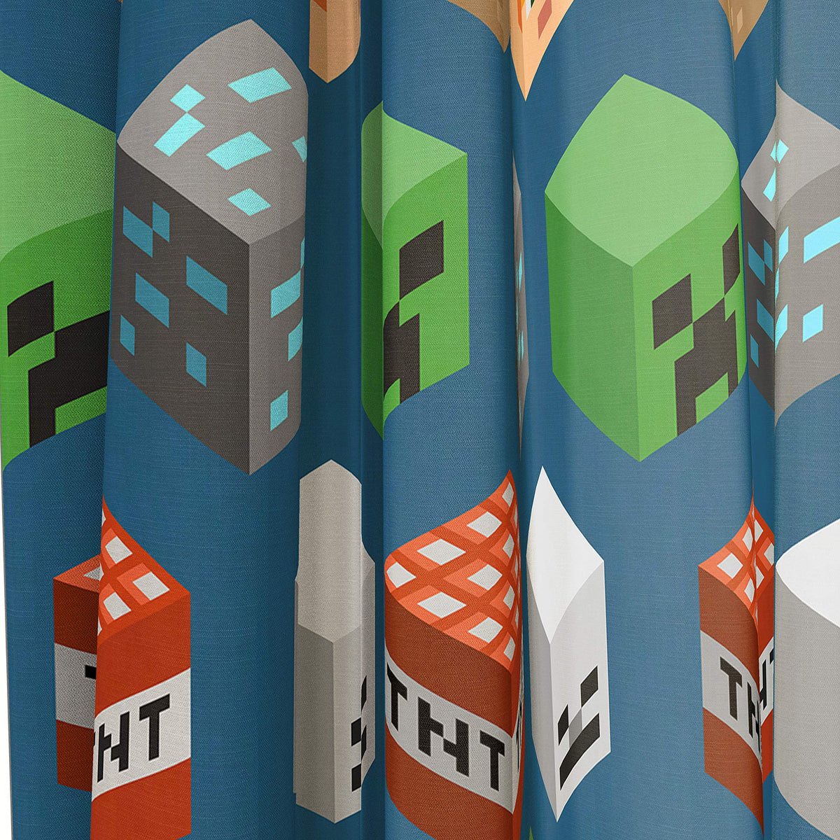 Jay Franco Minecraft blue curtains impact a themed kids’ room collection.