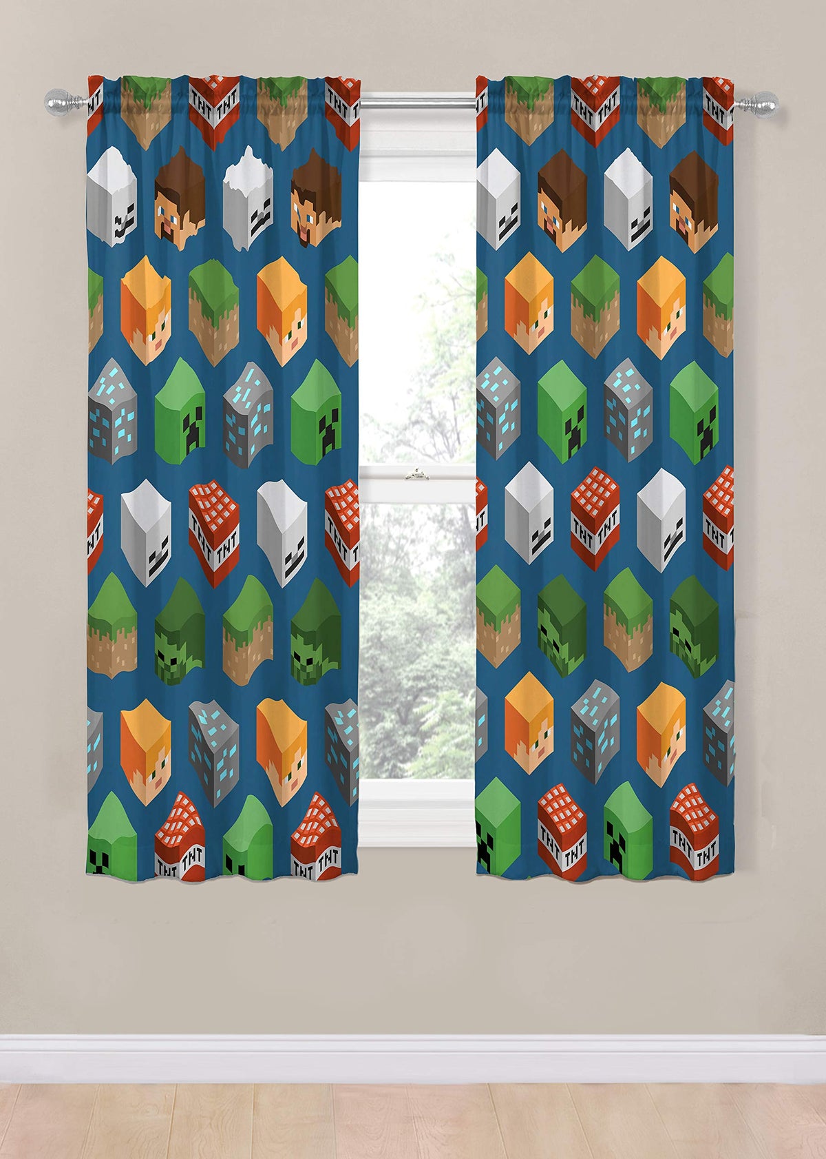 Jay Franco Minecraft blue drapes fabric close-up shows durable polyester weave.