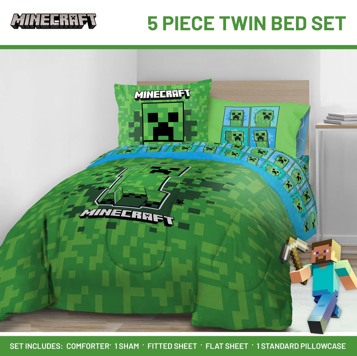 Jay Franco Minecraft Creeper fitted sheet with vibrant print and breathable fabric.