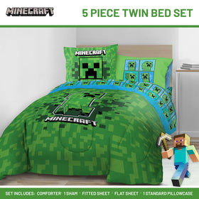 Jay Franco Minecraft Creeper fitted sheet with vibrant print and breathable fabric.