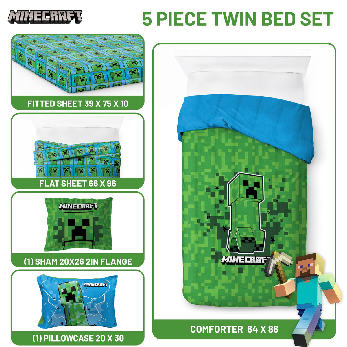 Jay Franco Minecraft Creeper flat sheet featuring bold colors for playful beds.