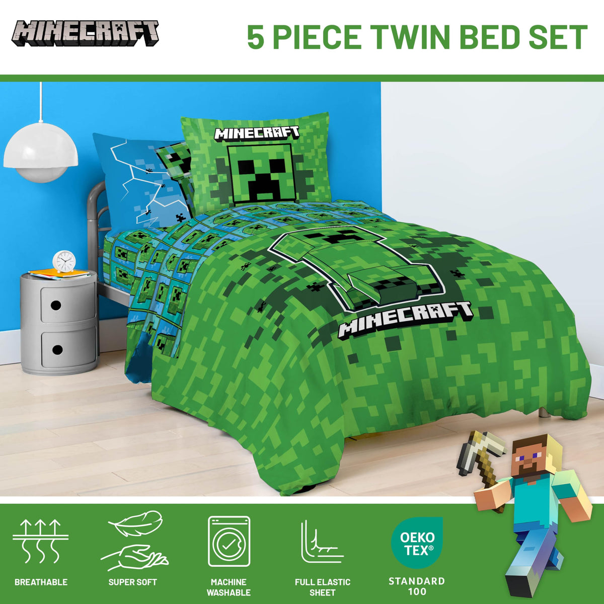 Jay Franco Minecraft Creeper pillow sham adds character to bedtime.