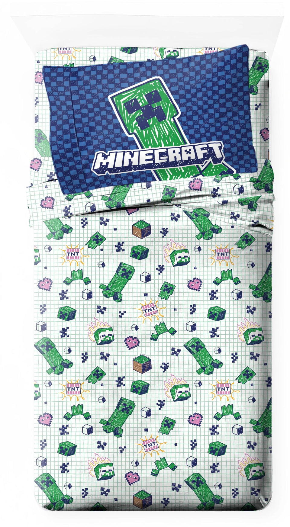 Jay Franco Minecraft Creeper sheet set shown in a kid’s bed decor.