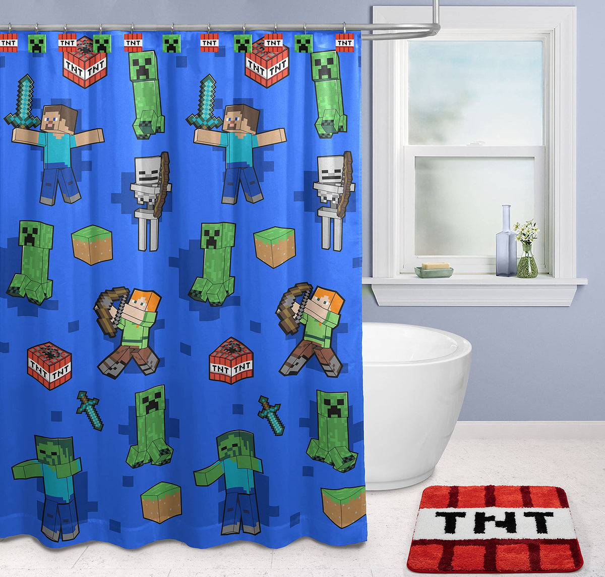 Jay Franco Creeper TNT setup brightens any bathroom with kid friendly vibe.