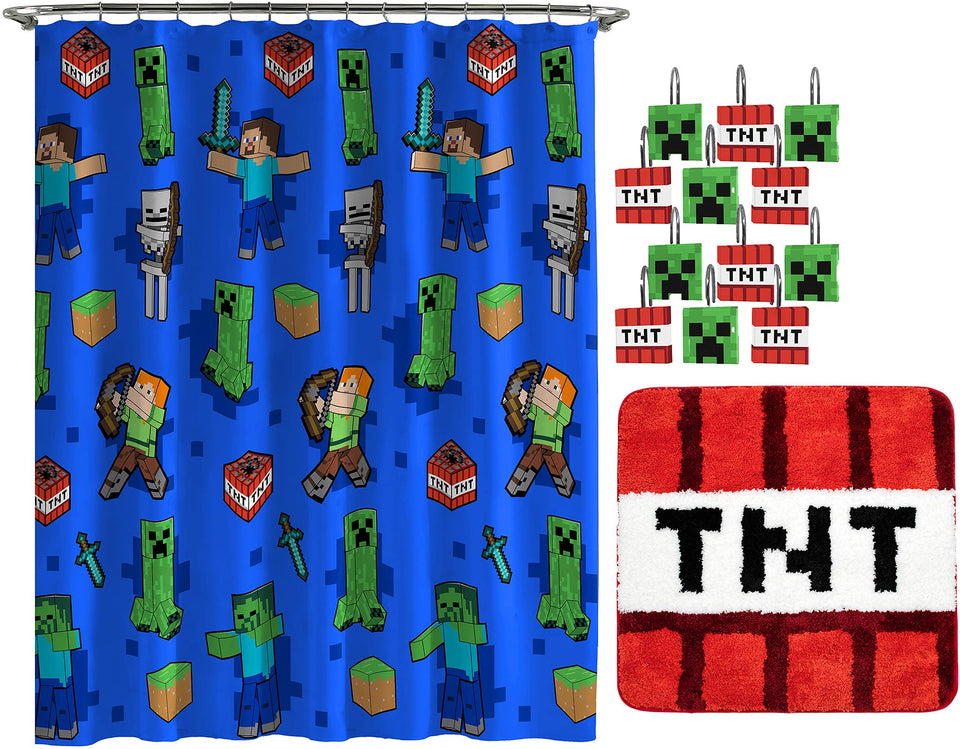 Jay Franco Minecraft Creeper TNT shower curtain boosts bath time with bold graphics.