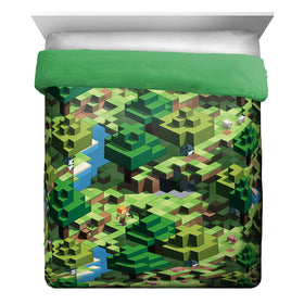 Jay Franco Minecraft Daytime fitted sheet on queen bed demonstrates snug fit.
