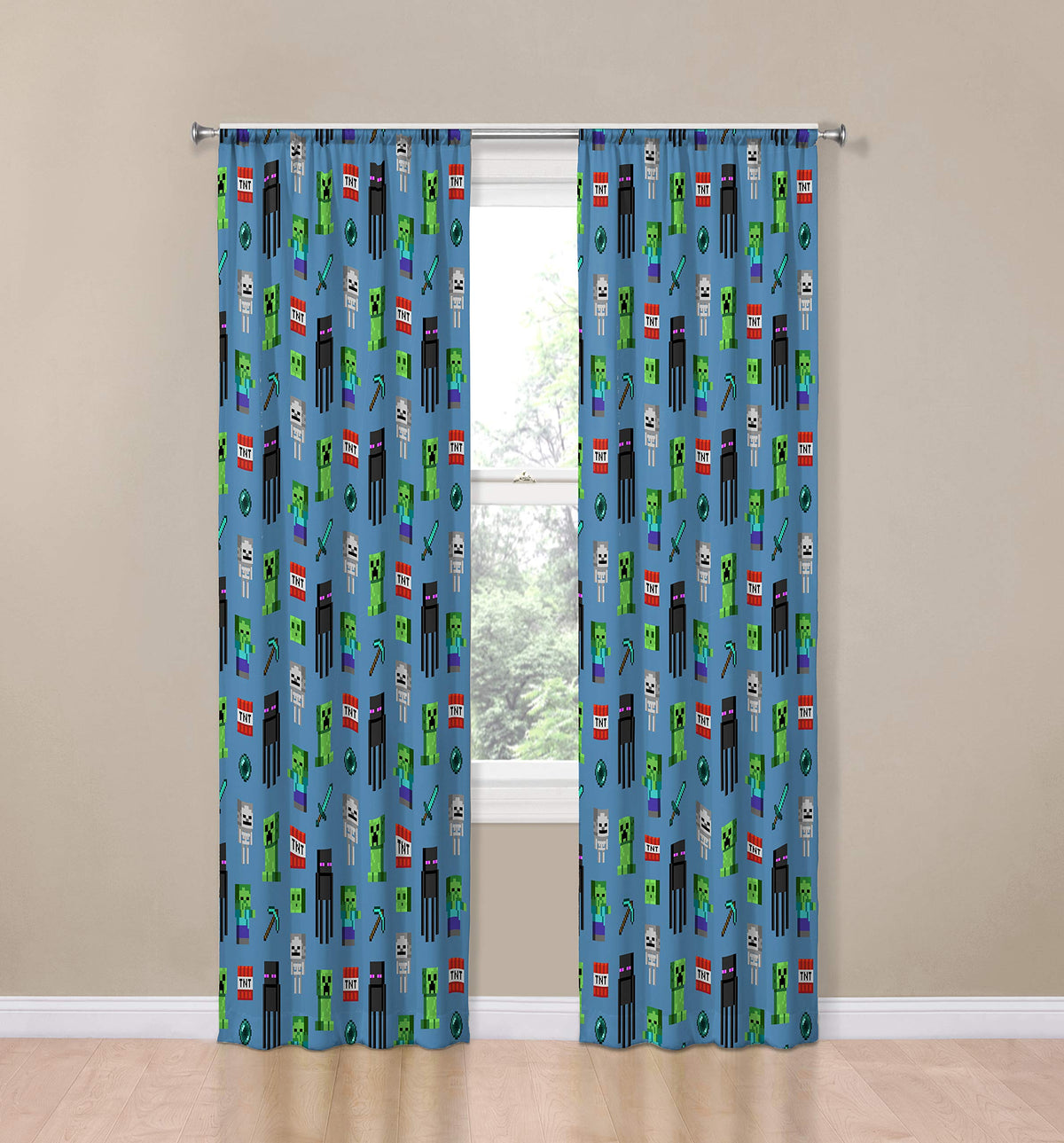 Jay Franco Minecraft drapes close-up featuring Creeper graphics for imaginative decor.