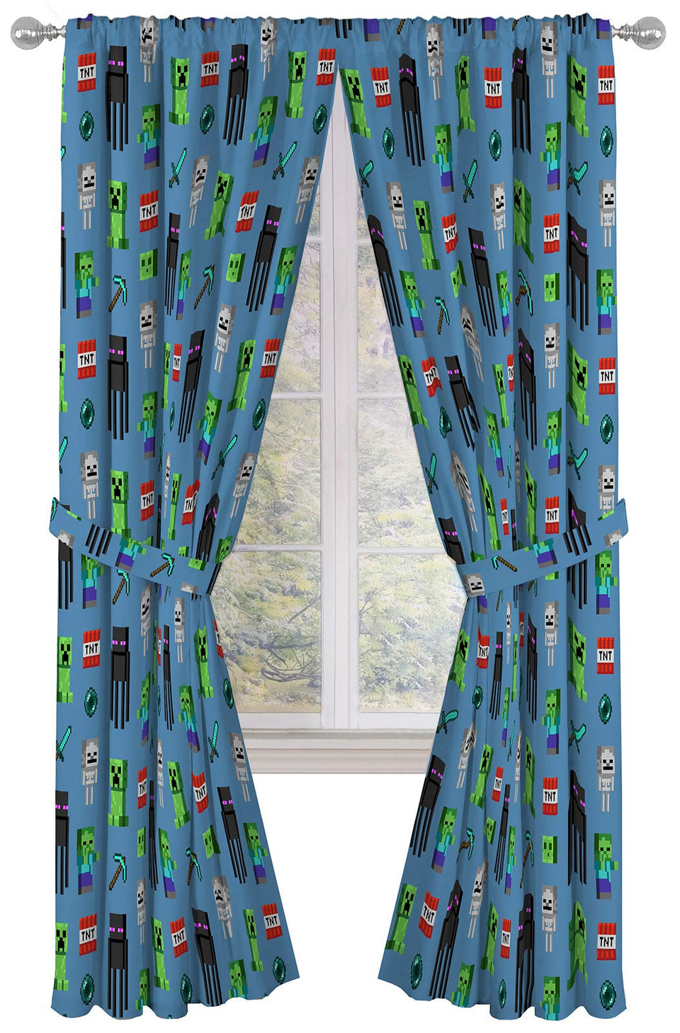 Jay Franco Minecraft drapes panel wide view with Creeper design for a playful kids' room.