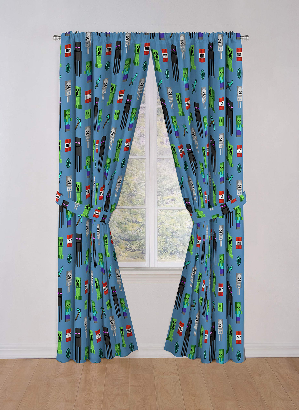 Jay Franco Minecraft drapes tiebacks showing included accessories and coordinated look.