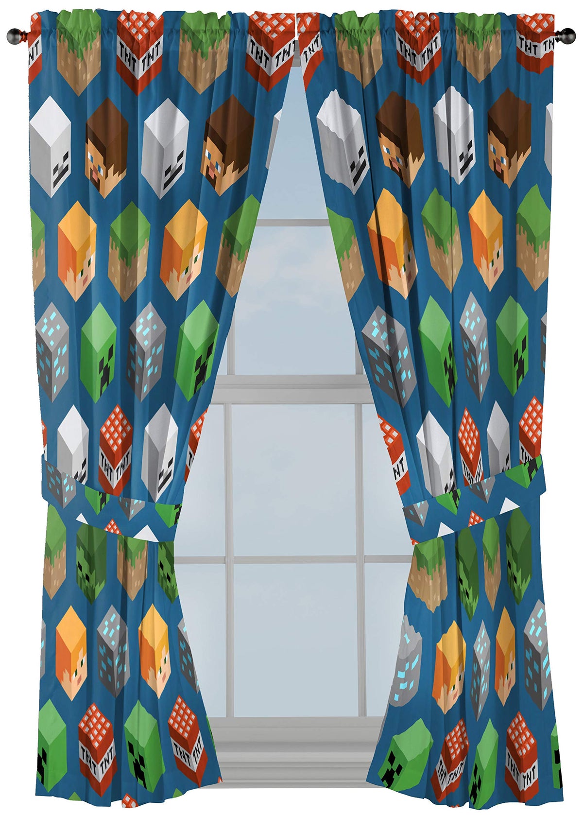 Jay Franco Minecraft isometric blue drapes, 63-inch two-panel set for bold kid-friendly rooms.