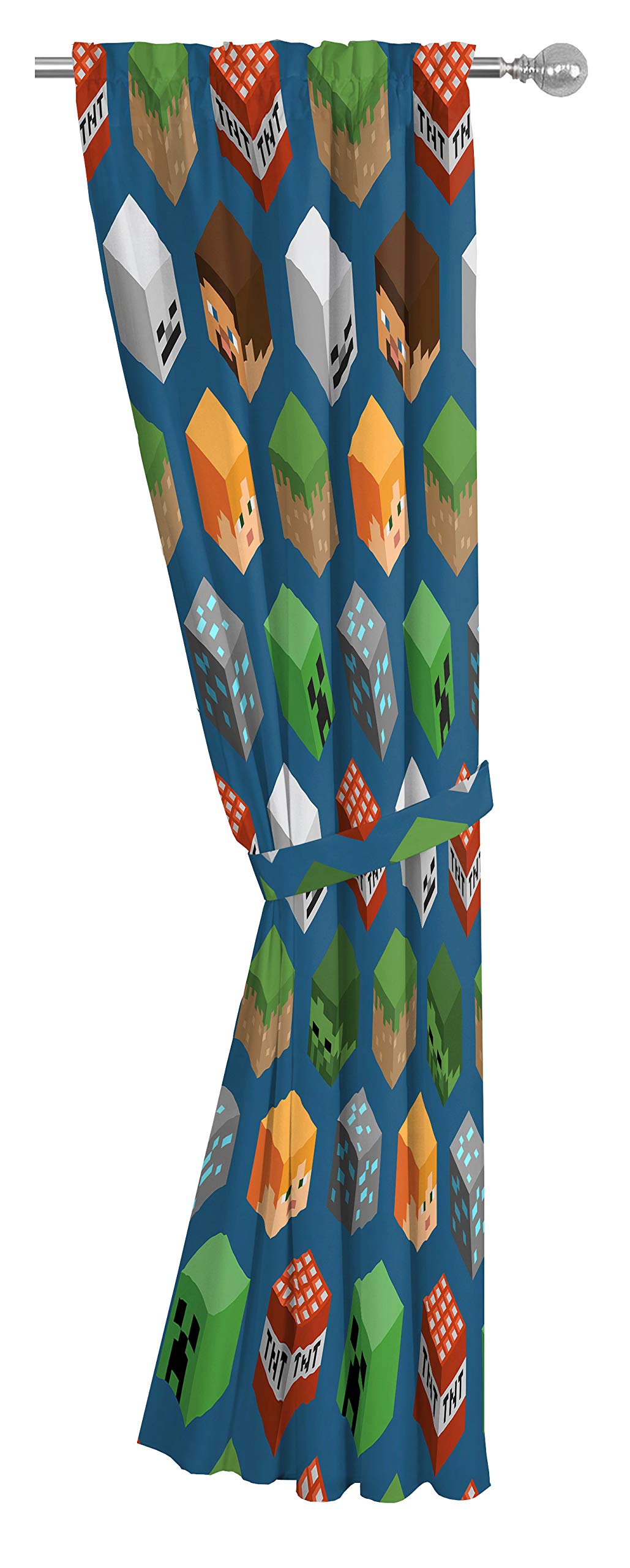Jay Franco Minecraft isometric blue curtains with tiebacks offering easy light control.