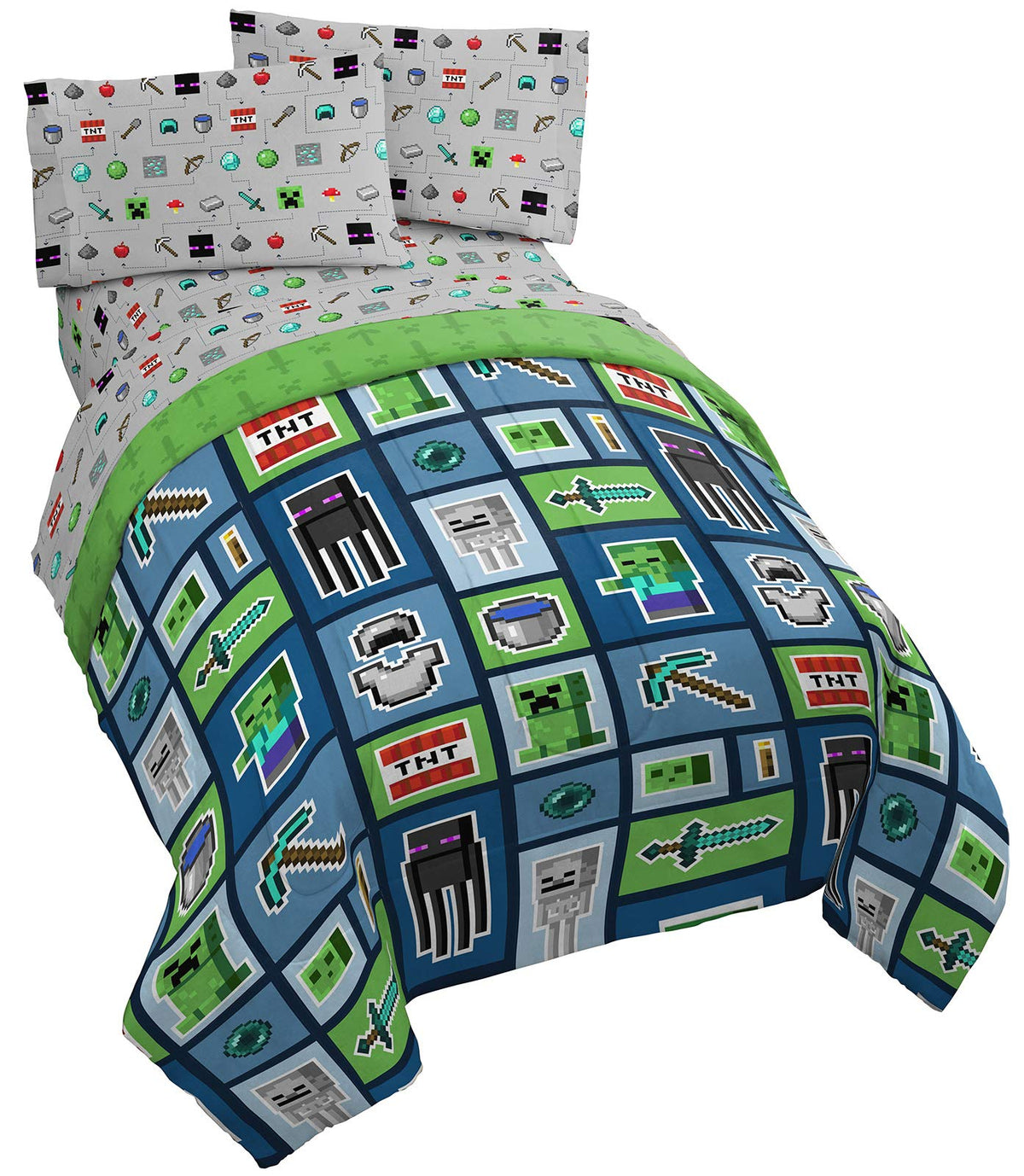 Jay Franco Minecraft Monster Hunters reversible comforter features Creeper designs for energetic bedtime fun.