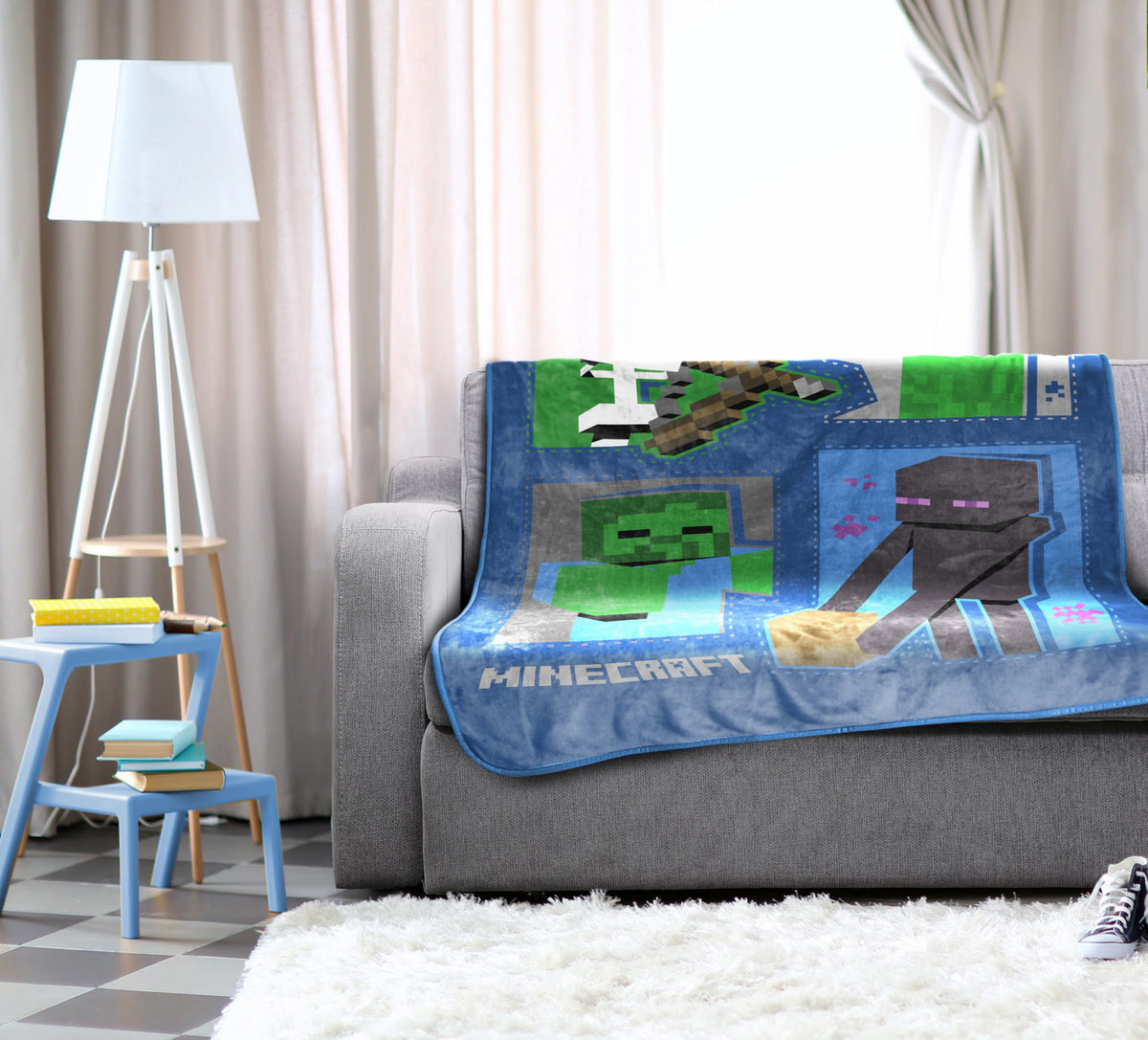 Jay Franco Minecraft plush throw in a kid's bedroom offers warm comfort.