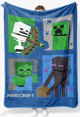 Jay Franco Minecraft plush throw blanket on sofa adds cozy decor for playtime.