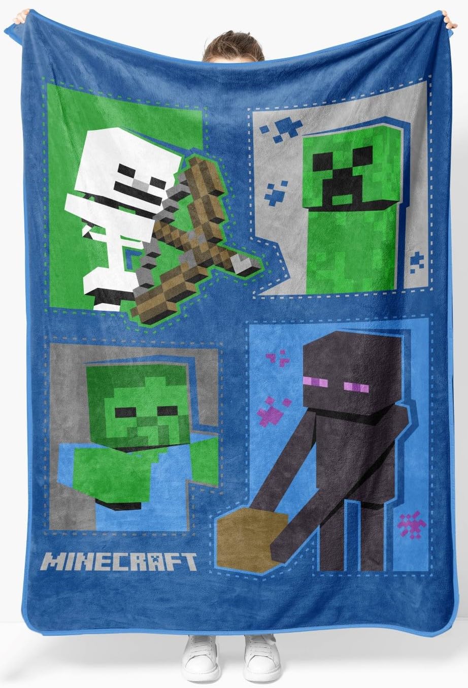 Jay Franco Minecraft plush throw blanket on sofa adds cozy decor for playtime.