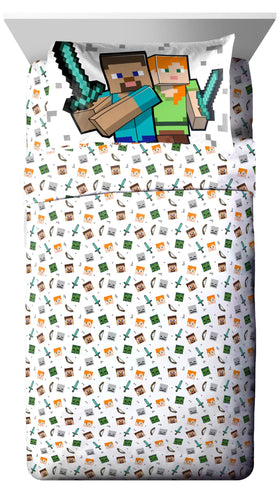 Flat sheet shows vibrant Minecraft art for complete bed coverage.