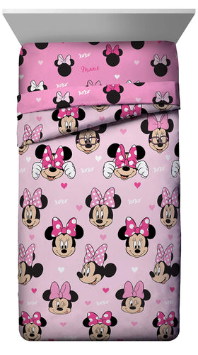 Jay Franco Minnie Mouse Hearts N Love fitted sheet set for quick, cozy bed setup.