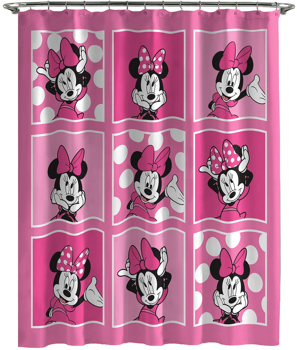 Jay Franco Minnie Mouse shower curtain featuring playful emotions, ideal for kid-friendly bathroom decor.