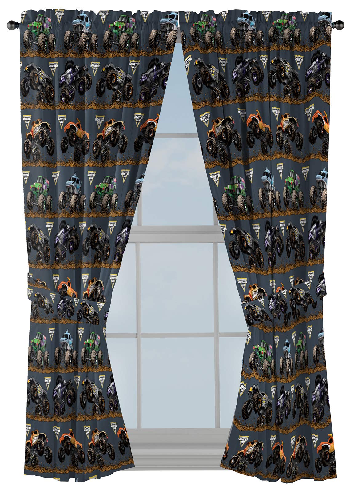 Jay Franco Monster Jam drapes set, 63-inch, four-piece, adds vibrant style and light privacy.