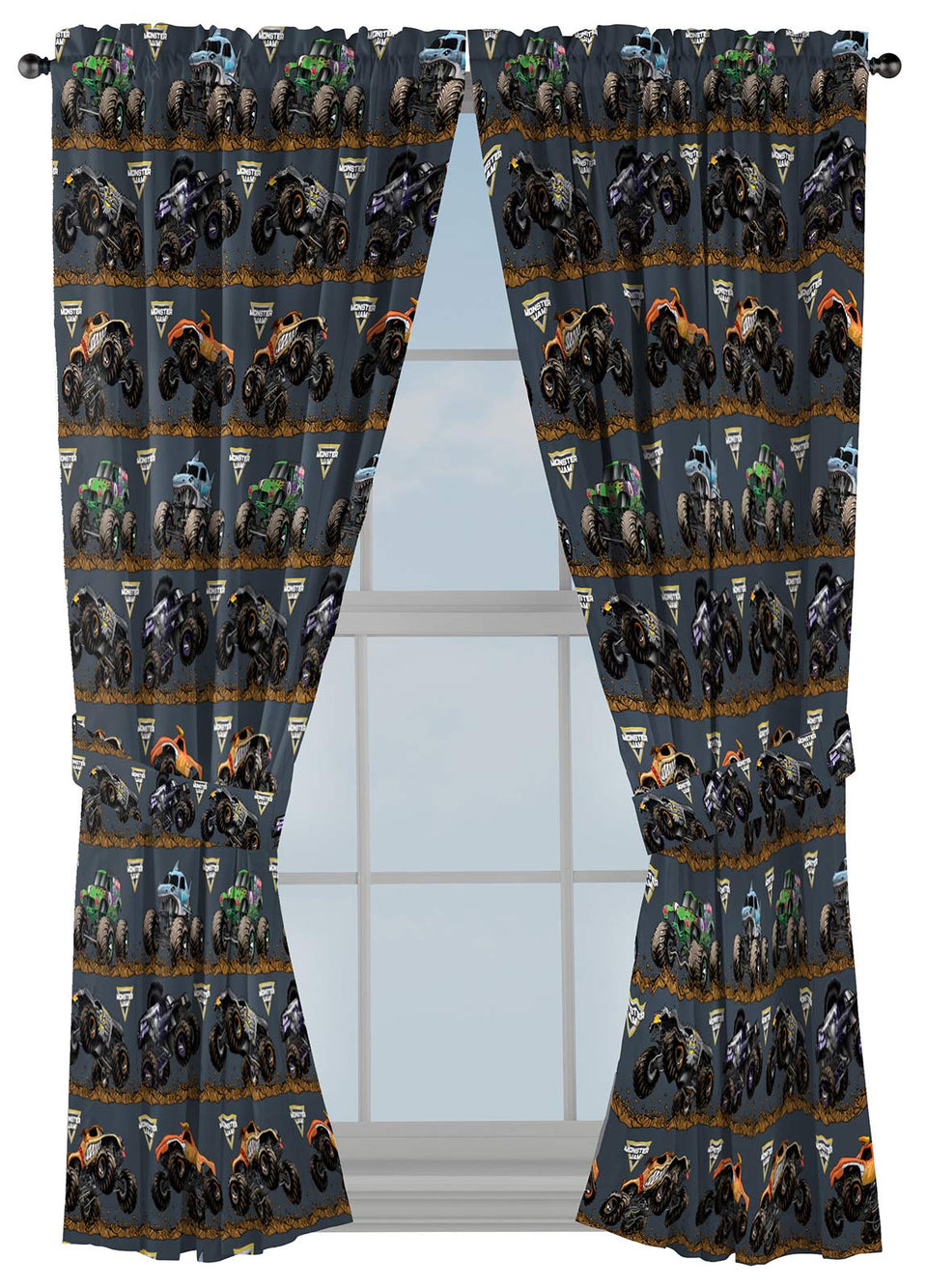 Jay Franco Monster Jam drapes set, 63-inch, four-piece, adds vibrant style and light privacy.