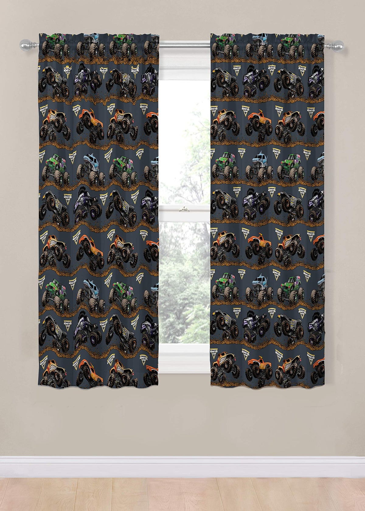 Drapes with two tiebacks from Jay Franco Monster Jam for easy display and tidy windows.
