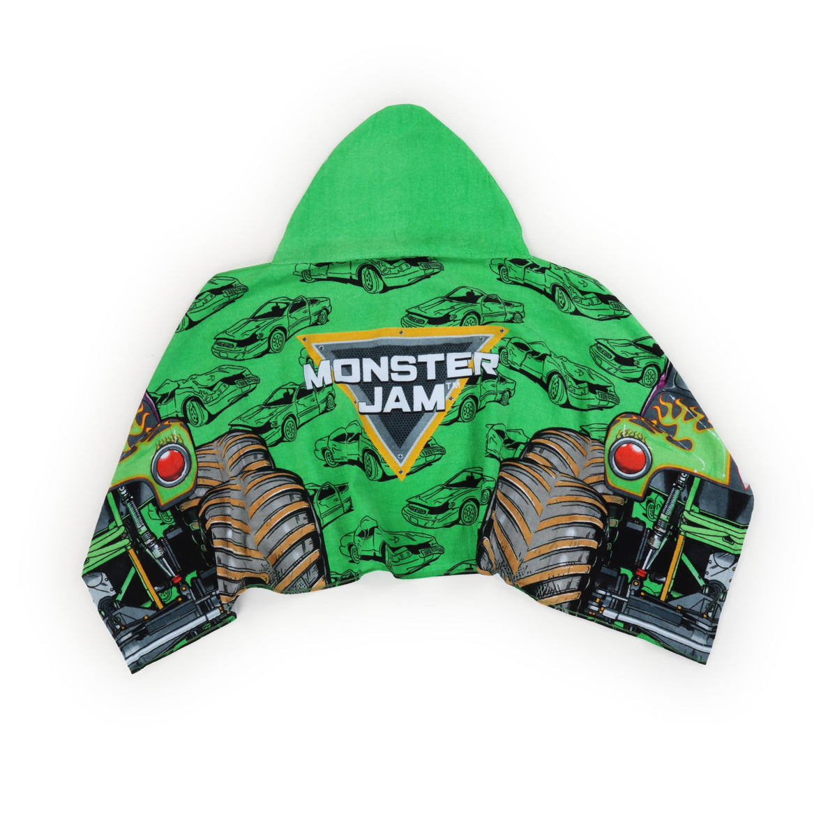 Bright green flames and giant tires decorate the towel for energetic kids.