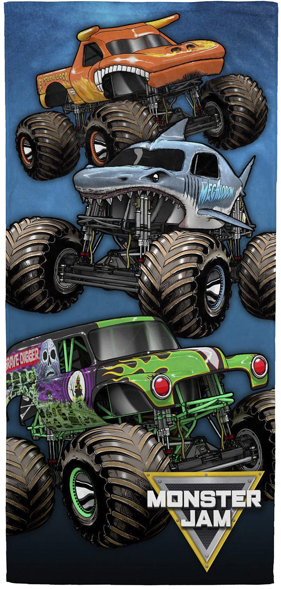 Jay Franco Monster Jam Grave Digger towel; soft and absorbent for bath time.