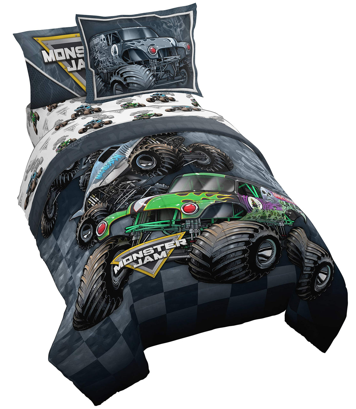 Jay Franco Monster Jam Slash comforter close-up with Grave Digger design, soft and durable