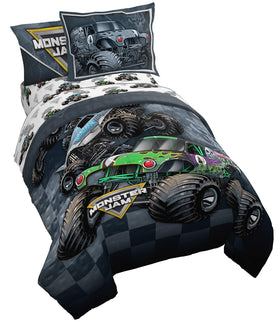 Jay Franco Monster Jam Slash comforter close-up with Grave Digger design, soft and durable
