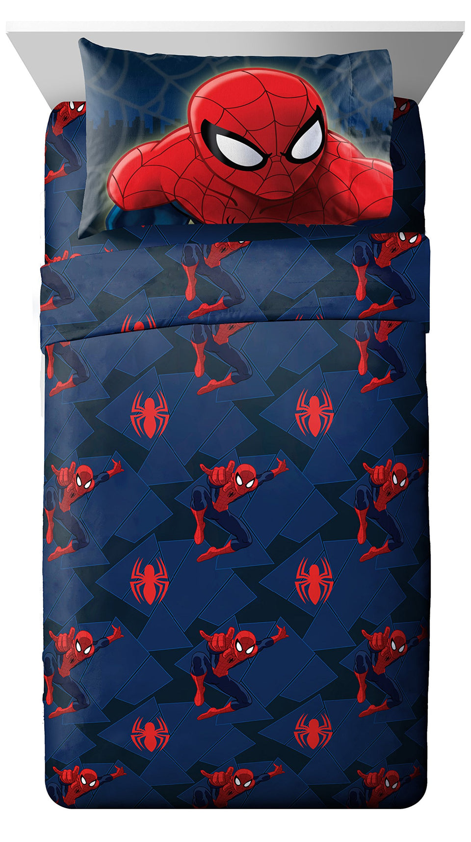 Jay Franco Spiderman sheet set front view with hero print for kids room decor