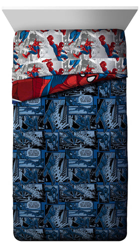 Jay Franco Spiderman Burst fitted sheet showing snug, durable twin bed fit.