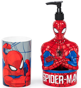Jay Franco Spider-Man dispenser-tumbler set in red and blue for kids' bathroom decor.