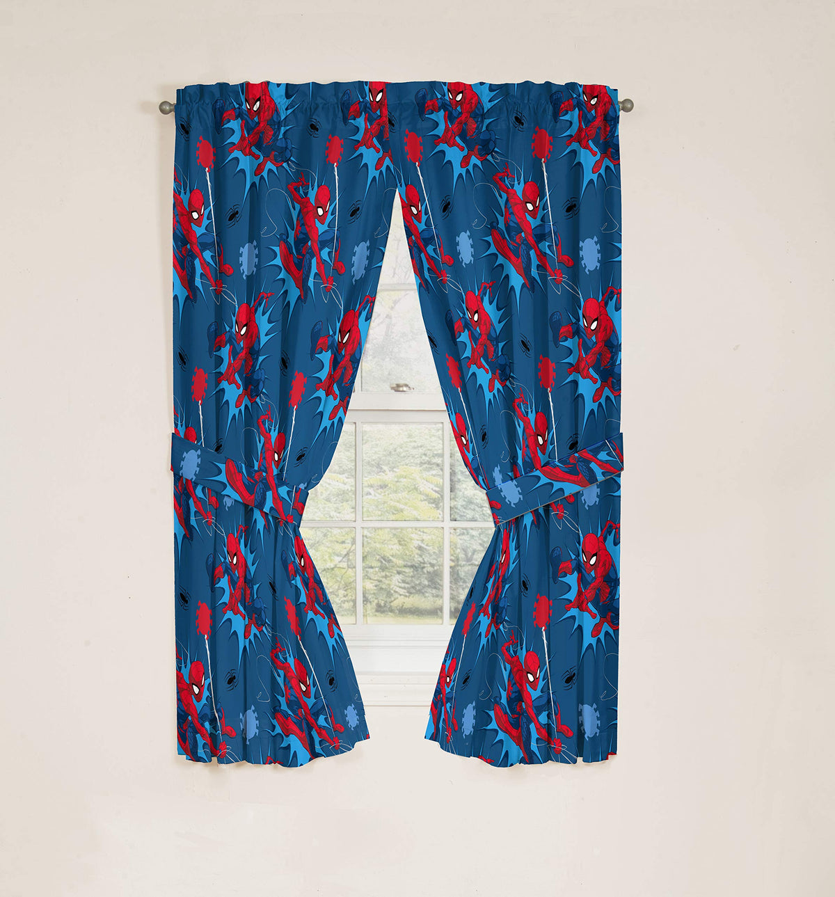 In-room setup with Jay Franco Spider-Man drapes and accessories for quick decorating.