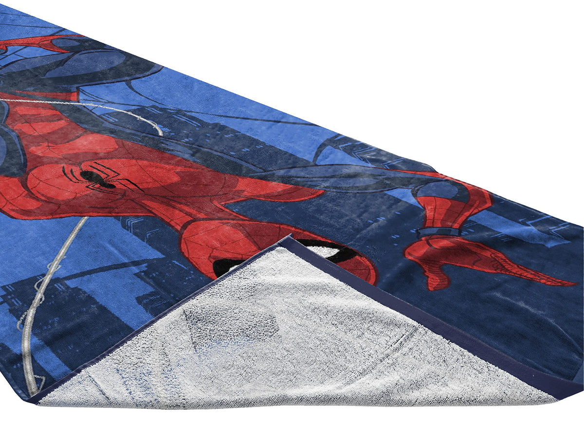 Jay Franco Spider-Man Hi Neighbor towel draped on a chair, absorbent after splash days.