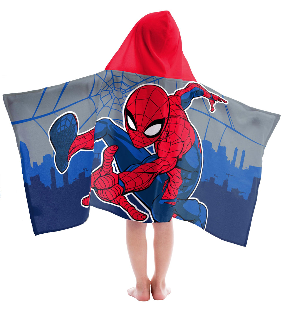 Jay Franco Spiderman hooded towel, front view, soft absorbent cotton for bath and pool fun