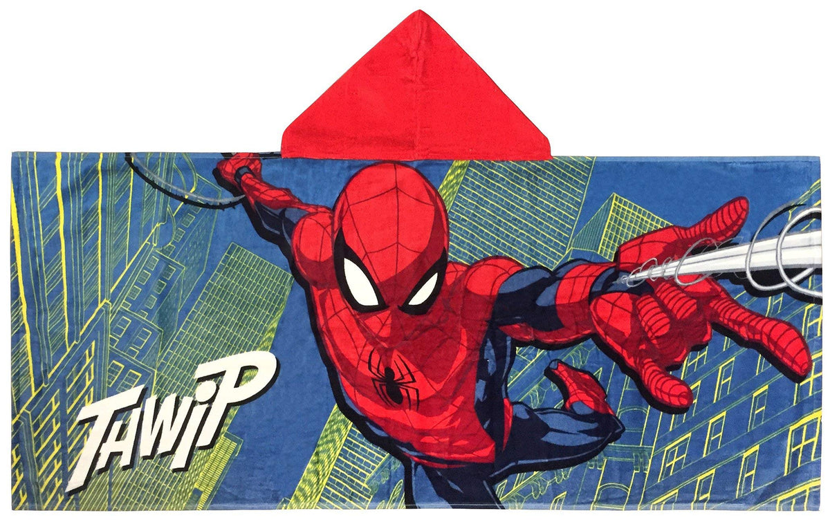 Jay Franco Spiderman hooded towel size 22x51 supports easy kid drying.