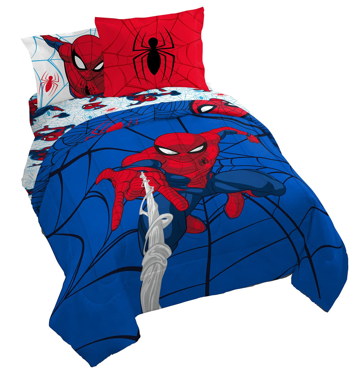 Jay Franco Spiderman queen bed in a bag comforter on a cozy all-season bed.