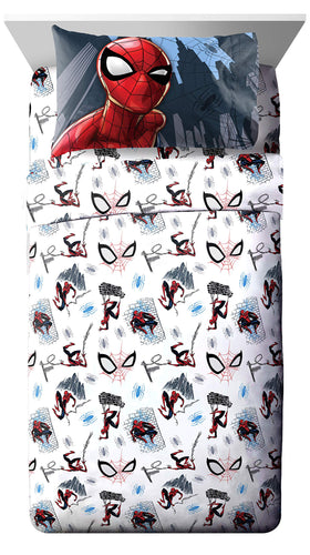 Jay Franco Spiderman sheet set with fitted sheet showcases bold artwork for kids' room decor.