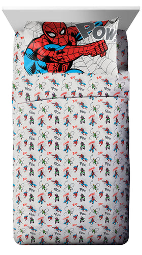 Jay Franco Spiderman Spidey VS twin flat sheet highlights breathable fabric for year-round use.