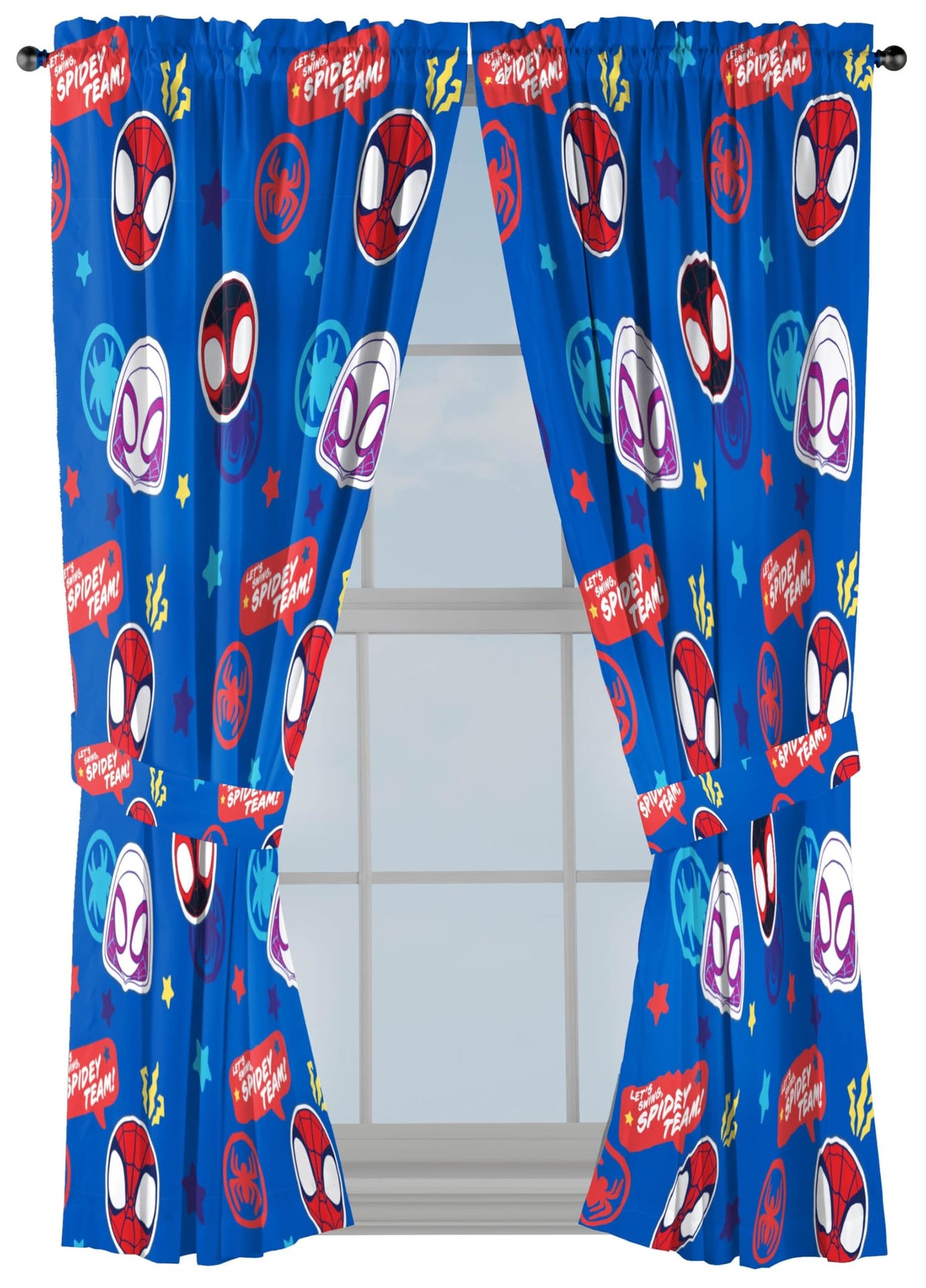 Jay Franco Spidey and His Amazing Friends curtains on rod, vibrant blue design.