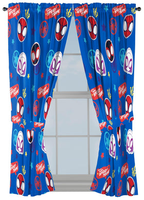 Jay Franco Spidey and His Amazing Friends curtains on rod, vibrant blue design.